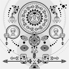 Bohemian poster. Black and white vector boho illustration with sum, dreamcatcher, arrows and moons. 