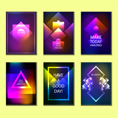 A set of six colorful abstract geometric posters, invitations, flyers, leaflets. Neon glowing vector covers