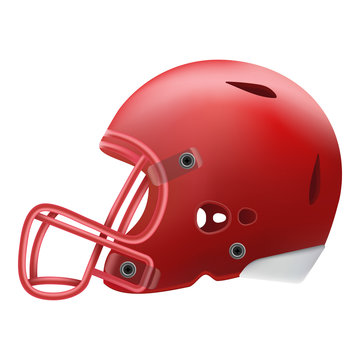 Modern Red American Football Helmet Side View Isolated On A White Background. Vector Illustration. American Football Equipment