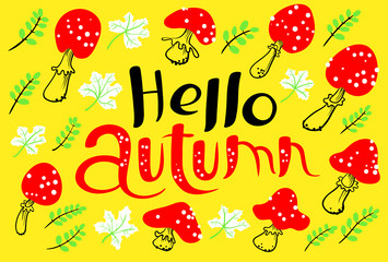 Hello autumn lettering with amanita. Fall season background