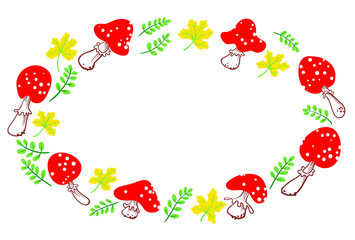 Autumn wreath with amanita. Mushroom frame with bright marple leaves.