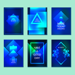 A set of six colorful abstract geometric posters, invitations, flyers, leaflets. Neon glowing vector covers