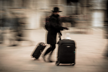 elegant woman carryng two suitcases