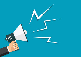 Hand holding a megaphone, flat design, promotion, social media marketing concept. Isolated on a background. Vector, eps10, illustration