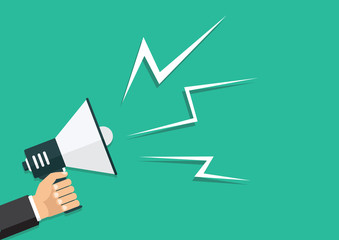 Hand holding a megaphone, flat design, promotion, social media marketing concept. Isolated on a background. Vector, eps10, illustration