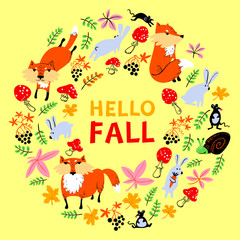 Autumn wreath with foxes. Cute vector fall season frame. Hello fall lettering