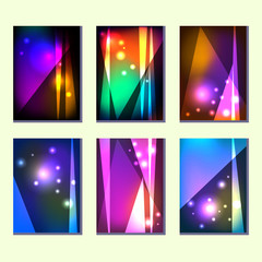 A set of six colorful abstract geometric posters, invitations, flyers, leaflets. Neon glowing vector covers