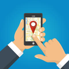 Vector illustration. Map. The concept of navigation, delivery. Hand holding a phone and indicates the location on the map.