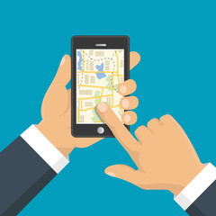 Vector illustration. Map. The concept of navigation, delivery. Hand holding a phone and indicates the location on the map.
