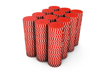 Realistic 3d rendered collection of coloured casino chips isolated on white background
