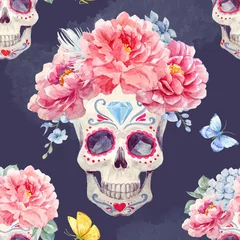 Papier peint Crâne humain en fleurs Modèle vectorielle continue de crâne aquarelle