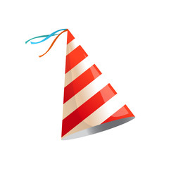Birthday party hat with stripes. Vector isolated illustration. Holiday icon. Isometric 3d illustration