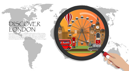 Travel infographic. London infographic tourist sights of Great Britain. England infographic . discover london;World Map with Magnifying Glass,hand holding magnifying glass,Discover england concept.