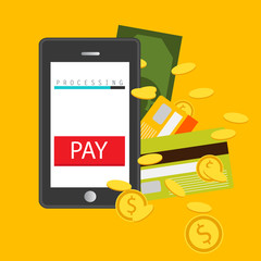 Vector illustration. Mobile payment concept. Hand holding a phone. Smartphone wireless money transfer. Flat design.