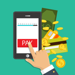 Vector illustration. Mobile payment concept. Hand holding a phone. Smartphone wireless money transfer. Flat design.