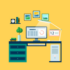 Vector workplace with computer desk, books, computer, desk lamp, calendar, pictures. Vector illustration, postcard, poster.