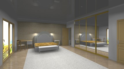 mirrored wardrobe in the bedroom 3D rendering design interior