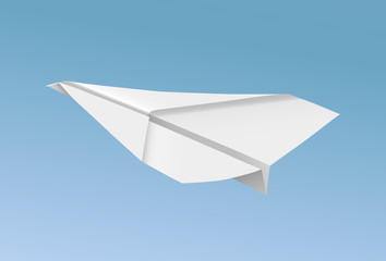 Vector realistic paper plane flying in blue sky illustration