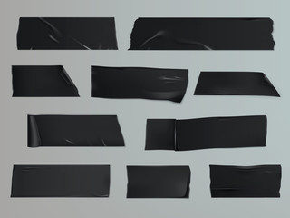 Vector illustration in a realistic style set of different slices of a adhesive tape with shadow and wrinkles isolated on a gray