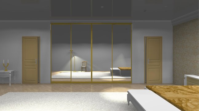 mirrored wardrobe in the bedroom 3D rendering design interior
