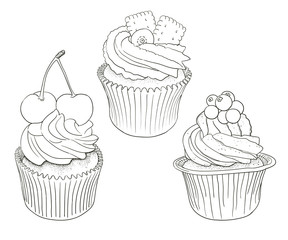 Hand drawn vector black and white outline cupcakes, good for coloring
