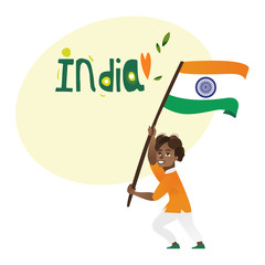 Indian boy, kid, teenager holding and waving big tricolor Indian flag, cartoon vector illustration isolated on white background. Indian boy with national tricolor flag
