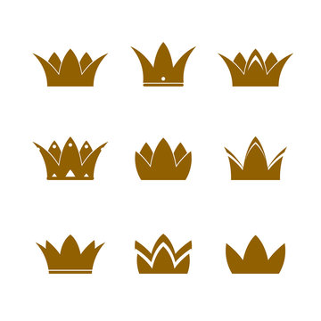 Set of golden vector crowns and icons