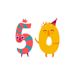Vector cute animallike character number fifty 50. Flat cartoon illustration on a white background. Happy birthday, new year decorative numbers. Funny smiling colored math, education symbols