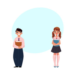 Three students, pupils, school kids standing together, holding books, cartoon vector illustration isolated on white background with speech bubble