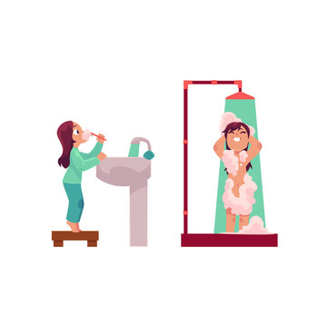 Little girl brushing teeth and taking shower, daily washing routine, cartoon vector illustration isolated on white background. Cartoon little girl brushing teeth and taking shower in bathroom