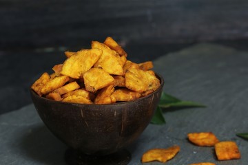 Cut banana Chips - Kerala snacks, selective focus