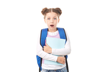 Elementary student with backpack posing against white background
