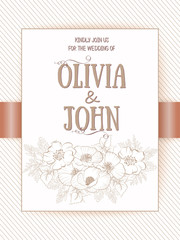 Wedding invitation and announcement card with floral frame. Elegant ornate border with handwritten text. Save the date. Design template.