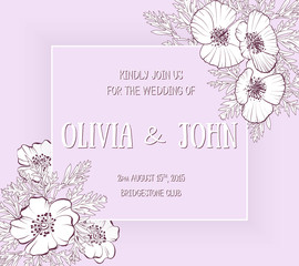Wedding invitation and announcement card with floral frame. Elegant ornate border with handwritten text. Save the date. Design template.