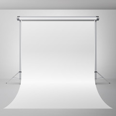 Photo Studio Vector. Empty White Canvas Background. Realistic Professional Photographer Apartment Illustration.
