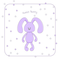 Vector illustration of a cute cuddly rabbit in pastel violet hues, with small eyes and long floppy ears, with text 'Sweet bunny'.