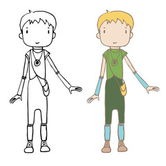 Hand drawn illustration of a unisex cartoon girl (boy) with short hair, in earthy colors.