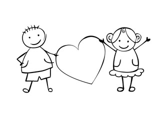 Linear boy and girl (or man and woman) with heart.