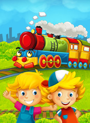 Obraz na płótnie Canvas Cartoon train scene with happy kids having fun on the railway- illustration for children