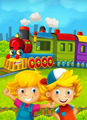 Cartoon train scene with happy kids having fun on the railway- illustration for children