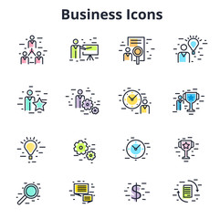 Set of business icons in line flat vector design. Corporate symbols for training, coaching, HR, time management, etc. Minimalistic financial and entrepreneur signs.