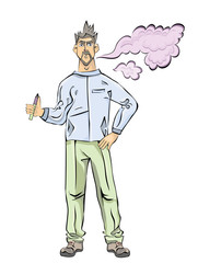 Young Men with beard vaping or smoking. Cloud of vapor. Vector illustration, isolated on white background.