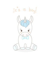 Hand drawn vector illustration of a cute little baby unicorn boy with a blue bow tie, text It's a boy.