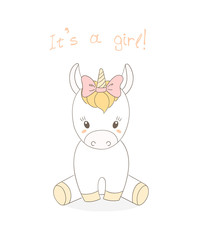 Obraz premium Hand drawn vector illustration of a cute little baby unicorn girl with a pink ribbon, text It s a girl.