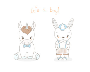 Hand drawn vector illustration of cute animal baby boys: smiling rabbit and unicorn, text It s a boy.