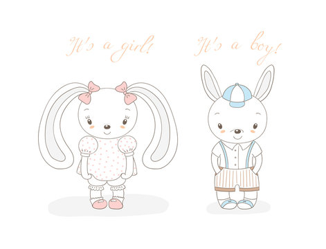 Hand drawn vector illustration of a little smiling bunny boy in shorts and girl with bows, text It' s a boy, It' s a girl.