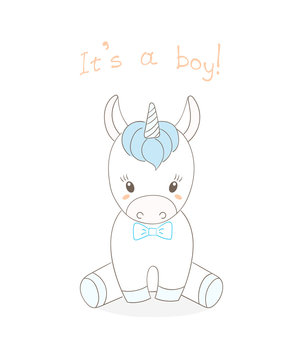 Hand drawn vector illustration of a cute little baby unicorn boy with a blue bow tie, text It's a boy.