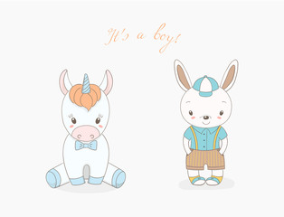 Hand drawn vector illustration of cute animal baby boys: smiling rabbit in a baseball cap and unicorn with a bow tie, text It s a boy.