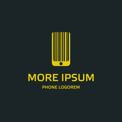 Yellow phone logo template. Flat phone silhouette with lines looks like a barcode. Isolated vector icon with text for mobile on a black background.