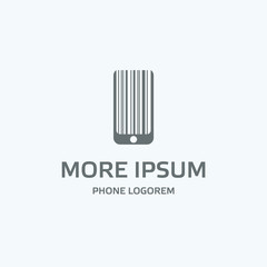 Gray phone logo template. Flat phone silhouette with lines looks like a barcode. Isolated vector icon with text for mobile on a white background.